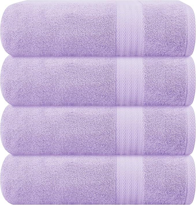 GLAMBURG Premium Cotton 4 Pack Bath Towel Set - 100% Pure Cotton - 4 Bath Towels 27x54 - Ideal for Everyday use - Ultra Soft & Highly Absorbent - Purple