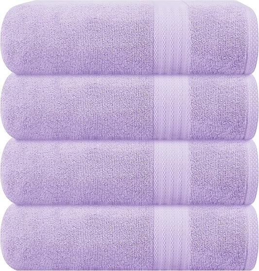 GLAMBURG Premium Cotton 4 Pack Bath Towel Set - 100% Pure Cotton - 4 Bath Towels 27x54 - Ideal for Everyday use - Ultra Soft & Highly Absorbent - Purple