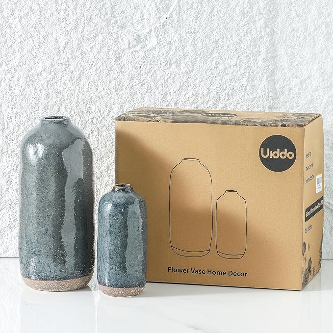 Flower Vase,Grey Blue Ceramic Vases Set of 2,Flower Vase for Home Decor,Decorative Vase for Pampas Grass, Boho Decorative Vase for Home Living Room Dining Table Farmhouse Office Decor