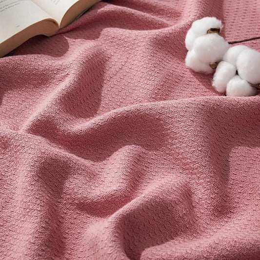 Bedsure 100% Cotton Blanket King Size for Bed - Breathable and Lightweight, Soft Cozy Textured Herringbone Woven Blanket for Summer, Pink, 108x90 inches