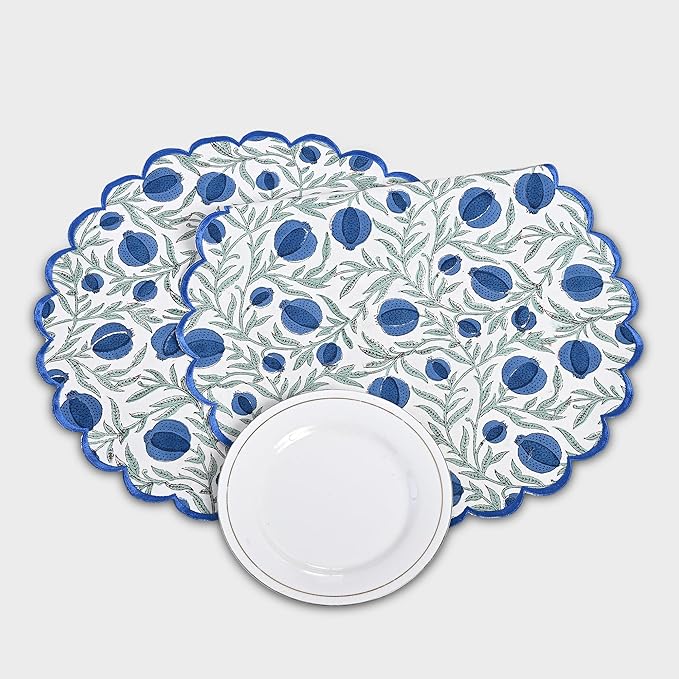 Ridhi Queen Blue Bo-ho Round Place Mat Double Layer Floral Cotton Washable Placemats 15" Round Embroidery Block Print Table Mat Pack of 4-15 Inch Round