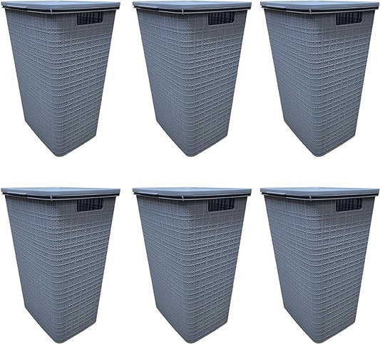 YBM Home Plastic Rattan Laundry Hamper Basket with Hinged Lid, Ventilation Holes, Durable, Lightweight Bin With Cutout Handles, Storage Dirty Clothes, Space Saver,16.75"x13.5"x23.75",Light Grey,6-Pack