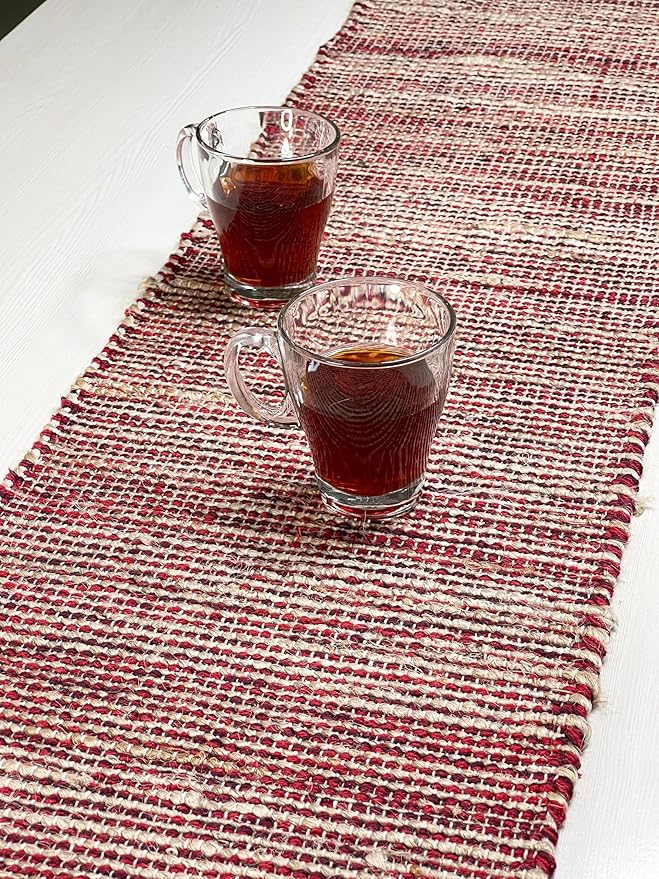 Chardin Home Natural Jute Table Runner 13x90 Inch – Vintage Boho Rustic Table Decor – Handwoven Jute Table Runner in Natural and Red – Farmhouse Dining or Console Table Accent
