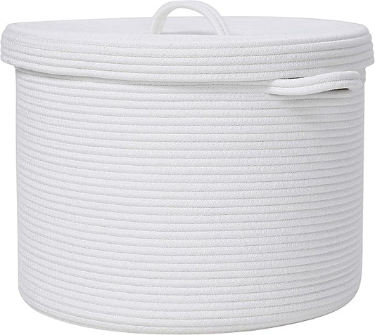 16" x 16" x 13" Medium Storage Basket with Lid, Cotton Rope Storage Baskets, Laundry Hamper, Cloth Bin, for Clothes Blankets Pillows Storage in Living Room, Full White with Cover