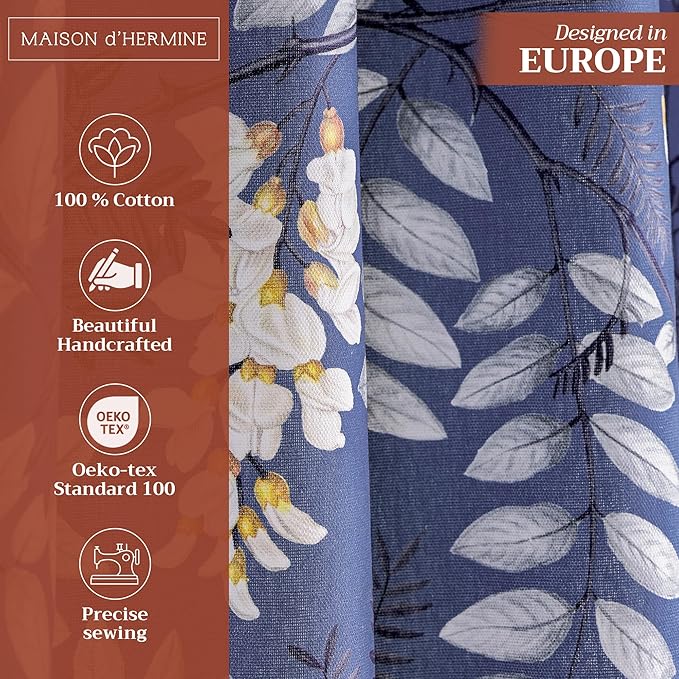 Maison d' Hermine Curtains for Living Room 100% Cotton 84 inch Length One Panel Light Filtering Curtains for Bedroom Windows with Rod and Loop Pockets Drapes (Feuillage Air Force Blue, 50" W x 84" L)