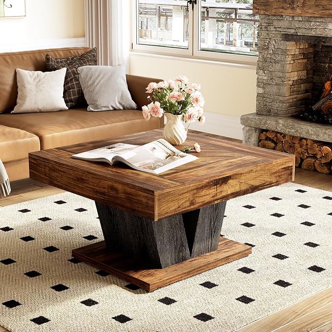 LITTLE TREE Square Coffee Table, Modern Rustic Coffee Table for Living Room, Wooden Table with Adjustable Feet, Brown