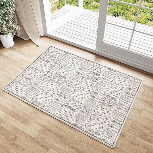 Entryway Area Rug 2x3 Washable Grey Carpet Non Slip Small Door Mat Boho Thin Floral Farmhouse Throw Accent Rug for Kitchen Bathroom Office Bedroom Laundry