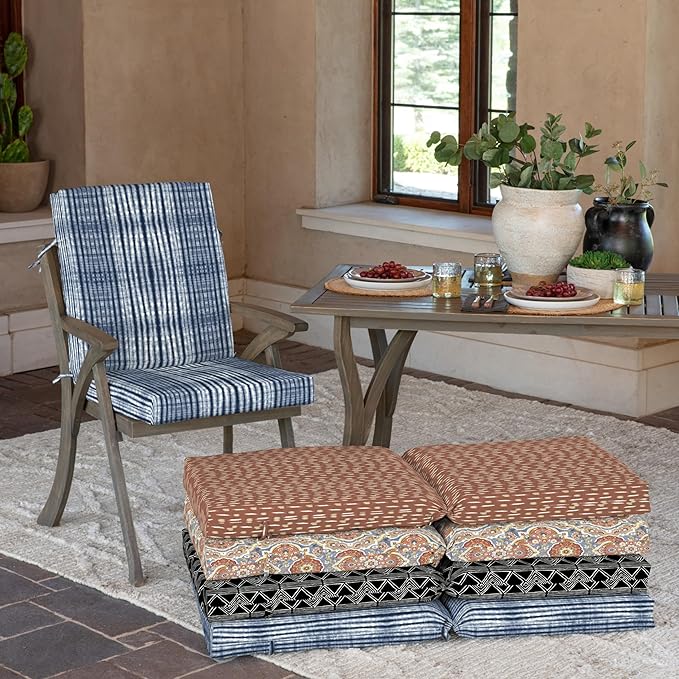 Arden Outdoor Dining Chair Cushion, 20 in x 20 in, Weather-Proof, Rain-Proof, Fade Resistant Patio Cushion for Patio, Dining, or Rocking Chairs 20 x 20, Blue Shibori Stripe