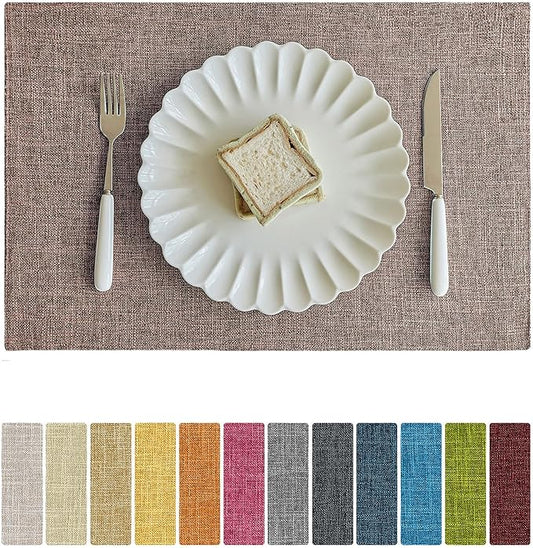 Softalker Faux Linen Placemats Set of 4-12 x 18 Inch, Heat Resistant Double Layered Durable Burlap Farmhouse Place Mats, Non-Slip Washable Rustic Table Mats for Dining, Kitchen, Party,Natural Linen