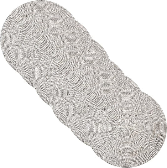 Round Placemats Set of 6-100% Cotton Two-Tone Placemat for Dining Table - Woven Braided Table Setting Place Mat - Washable Table Decor for Kitchen, Farmhouse, Rustic, Everyday Use, Gray