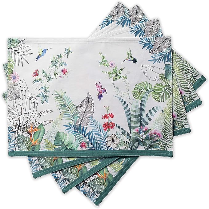Maison d' Hermine Placemats Set of 4 100% Cotton Washable Cloth Place Mats, Reusable Table Mats for Kitchen Dining Decoration, Party, Wedding, Restaurant Spring/Summer (Tropiques, 13" x 19")