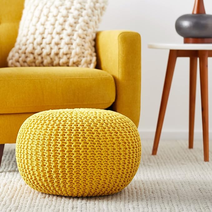 GDFStudio Poona Handcrafted Modern Cotton Pouf, Yellow 20 *20 *14