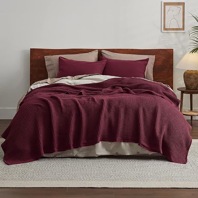 Bedsure 100% Cotton Blanket King Size for Bed - Breathable and Soft, Waffle Weave Blanket for Summer Spring, Burgundy Red, 104x90 inches