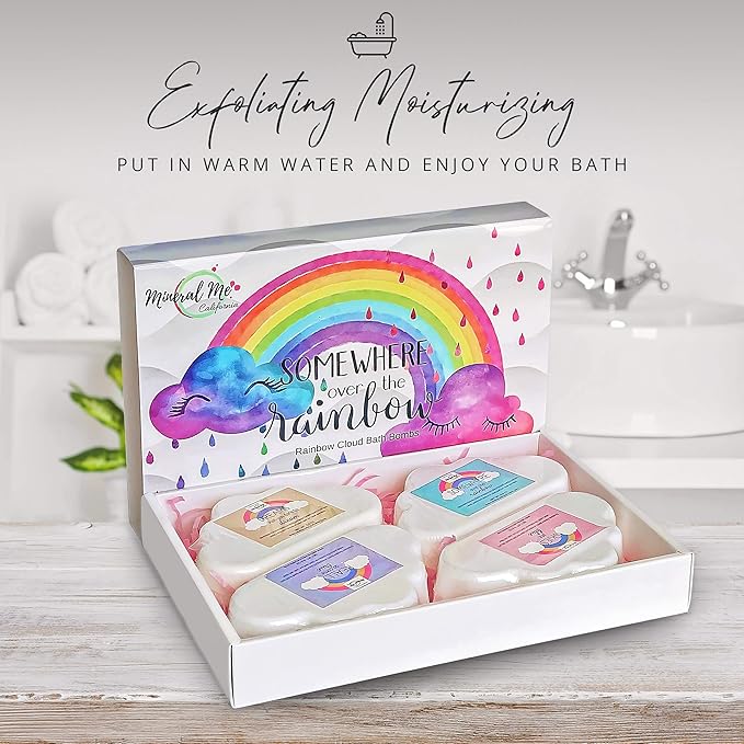 Rainbow Bath Bombs for Kids- Natural and Organic Bubble Bath Bombs w/Moisturizing Shea Butter and Natural Oils, 4 Large Unicorn Cloud BathBombs for Girls, Boys, Women, Birthday Gift for Her
