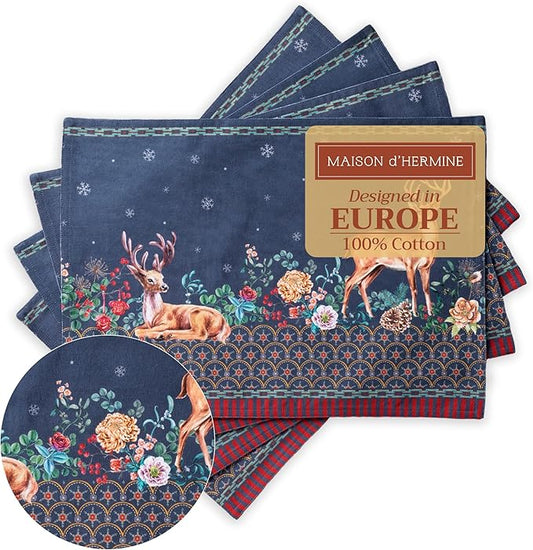 Maison d' Hermine Placemats Set of 4 100% Cotton Washable Cloth Place Mats, Reusable Table Mats for Kitchen Dining Decoration, Party, Wedding, Restaurant (Christmas Joy, 13" x 19")
