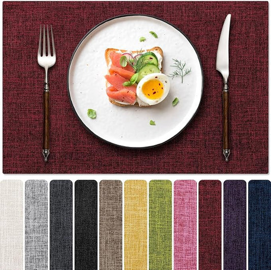 Placemats Set of 8, Dual-Layered Thickened Faux Linen Cloth Place Mats Heat Resistant Machine Washable Wrinkle Free Table Mats Indoor/Outdoor (Red)