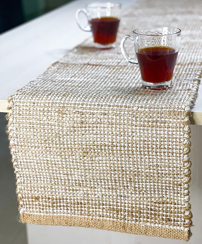 Chardin home Natural Jute Table Runner - 13x72 Inch, Rustic Farmhouse Style - Colors: Natural Jute and Ivory