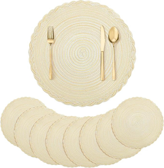 fanquare 15 Inch Beige Braided Placemats Value Set of 8 Round Cotton Placemat with Lace Edge, Perfect for Parties and Everyday Use Fabric Table Mats