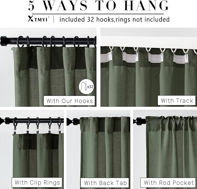 XTMYI 70 Inch Wide Loden Back Tab/Hook Belt Linen Cotton Sheer Curtains for Bedroom,2 Panels,96 Inch Length