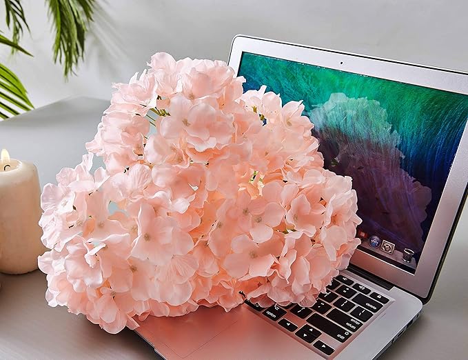Artificial Hydrangea Flowers Blush Heads 10 Fake Hydrangea Silk Flowers for Wedding Centerpieces Bouquets DIY Floral Decor Home Decoration with Stems(VASE NOT Included)