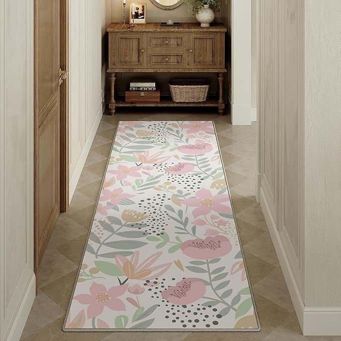 Floral Runner Rug 2x6 Washable Hallway Pink Bedroom Non Slip Cute Long Kitchen Carpet Botanical Indoor Soft Accent Rug for Bathroom Dining Laundry Living Room