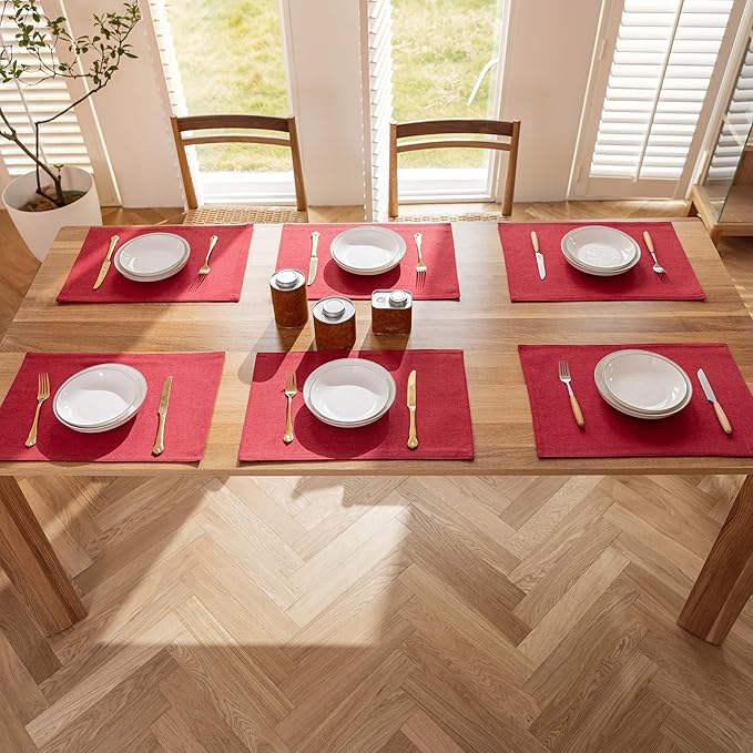 Demetex Placemats Set of 6 Red Linen Wipeable Place Mats Heat Resistant Cloth Placemats for Dining Table Restaurants Holiday, 13 x 19 inches, Wine Red