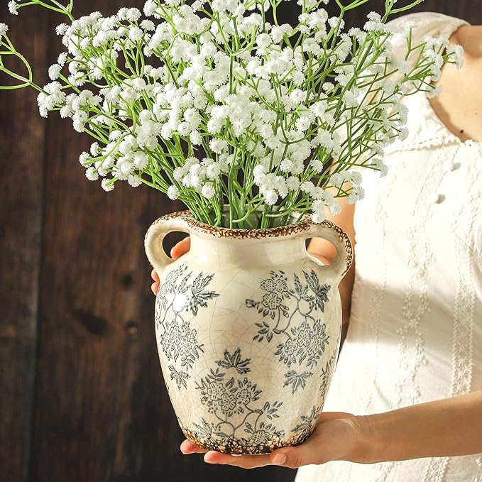 Enra Vintage vase with Handle,Blue and White Ceramic Decorative Flower vase, Chinoiserie Floral Vase,Large Rustic Vases for Home Decors, Living Room, Bookshelf, Office,7.8 in