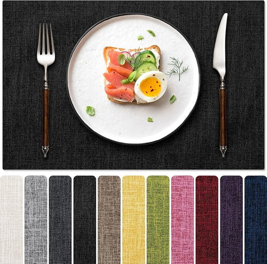 Placemats Set of 4, Dual-Layered Thickened Faux Linen Cloth Place Mats Heat Resistant Machine Washable Wrinkle Free Table Mats Indoor/Outdoor (Black)