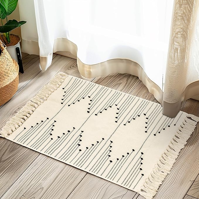 Tritard Boho Bathroom Rug 2x3 - Washable Woven Cotton Throw Rugs with Tassel, Small Aztec Kitchen Area Rug Farmhouse Entryway Bath Door Mat Indoor for Bedroom, Doorway, Laundry, Beige Cream