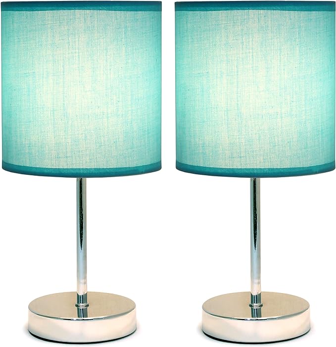 Simple Designs LT2007-BLU-2PK Chrome Mini Basic Table Lamp with Fabric Shade 2 Pack Set, Blue Turquoise