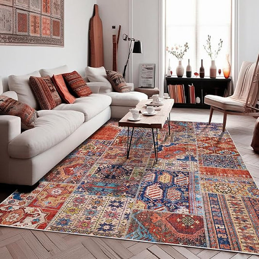 Boho Rug 5x7 for Living Room,Bohemian Colorful Non-Slip Washable Machine Soft 70s Funky Patriotic Independence Day Decor Vintage Area Rugs for Bedroom,Terracotta Rust Burnt Orange Red and Navy Blue
