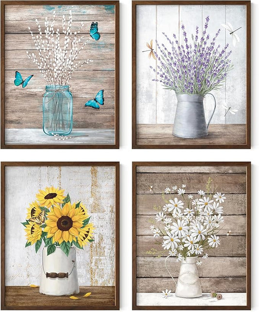 HAUS AND HUES Flower Wall Decor - Set of 4 Floral Wall Art, Floral Wall Decor, Flower Wall Art, Framed Flower Painting, Floral Pictures Wall Decor, Flower Pictures (Framed Walnut 11x14)