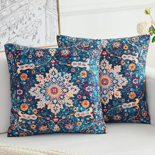 Boho Throw Pillow Covers 16x16 inch Set of 2,Boho Vintage Carpet Pattern Antique Ethnic Decor Double Sided Pattern Cushion Cover Soft Pillow Case Living Sofa Room Bed Square Pillow Cover