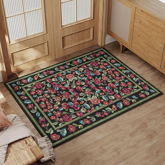 Black Area Rug 2x3 Washable Entryway Door Mat Entrance Non Slip Kitchen Carpet Soft Floral Indoor Vintage Low Pile Accent Throw Rug for Office Dining Room Nursery Bathroom Farmhouse