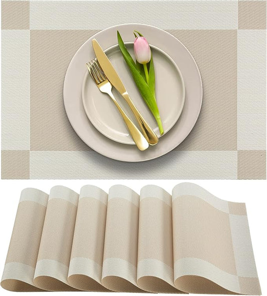 More Décor Dining Table Placemats, Washable Heat-Resistant PVC Vinyl Table Mats for Dining Room and Kitchen, Anti-Slip Set of 4 or 6 (Ivory, 8)