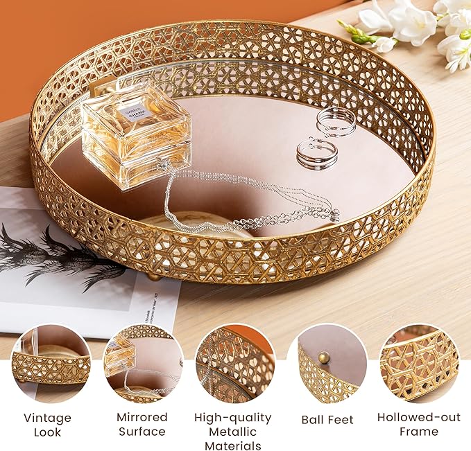 Glitzhome Set of 2 Oversized Round Gold Mirror Decorative Trays, Metal Vanity Jewelry Tray Perfume Dresser Tray, Elegant Hollow-Carved Jewelry Organizer Makeup Trays