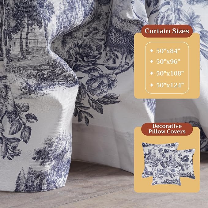 Maison d' Hermine Curtains for Living Room 100% Cotton 124 inch Length Two Panels Light Filtering Toile Curtains for Bedroom Windows with Rod and Loop Pockets Drapes (Trianon Blue, 50" W x 124" L)
