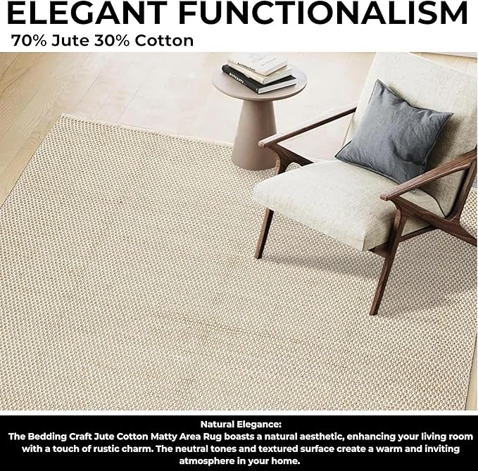 Bedding Craft Jute Cotton Matty Area Rug for Living Room 48x72 Inch - Natural - Machine Washable 4x6 Feet Rugs - 70% Jute and 30% Cotton