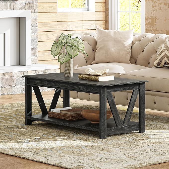 WLIVE Coffee Table, 43" Farmhouse Coffee Table with Storage Shelf & Sturdy V-Shaped Support, Wood Center Table for Living Room, Bedroom, Office and Balcony, Black