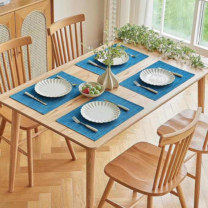 Softalker Faux Linen Placemats Set of 4-12 x 18 Inch, Heat Resistant Double Layered Durable Burlap Farmhouse Place Mats, Non-Slip Washable Rustic Table Mats for Dining, Kitchen, Party（Sky Blue