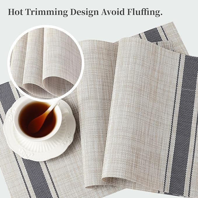 Leetaltree Khaki-Blue Placemats, Heat Resistant Non-Slip Place mats for Dining Table, Washable Durable PVC Vinyl Woven Table Mats (Set of 6)