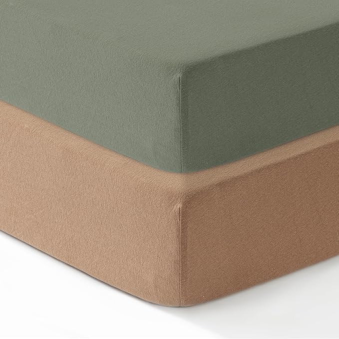 Baby Crib Standard Sheet, 100% Cotton Knitted Jersey, Pack n Play Sheet, Fitted Crib Sheets, Super Soft, Durable, Toddler Fitted Sheet, Green & Mustard Grey 28"x52"x9"'