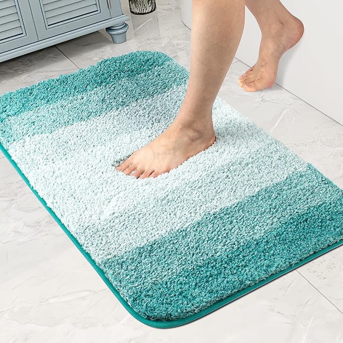 Walensee Non Slip Bath Mat (24 x 36, Ombre Turquoise) - Soft Microfiber Shaggy Mat, Water Absorbent, Machine Washable, Thick Plush Rug for Shower