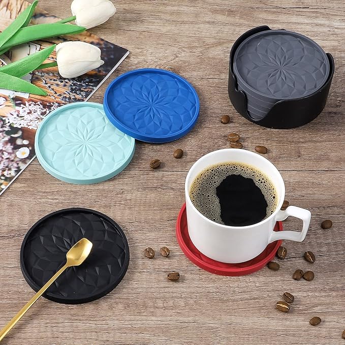 ME.FAN Silicone Coasters with Holder,[6 Pack] Drinking Coasters - Cup Mat for Hot or Cold Drinks, Thickened, Non-Slip, Non-stick,Deep Tray Dark Grey