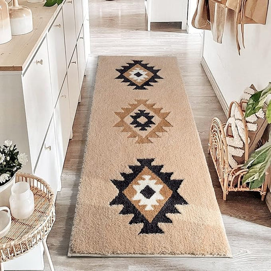 DEXDE Boho Bathroom Runner Rugs 24x60 Long Bath Mat for Bathroom Bedroom Hallway Kitchen Shower Luxury Soft Absorbent Large Bath Rugs Carpet Geometric Farmhouse Home Decor, Beige