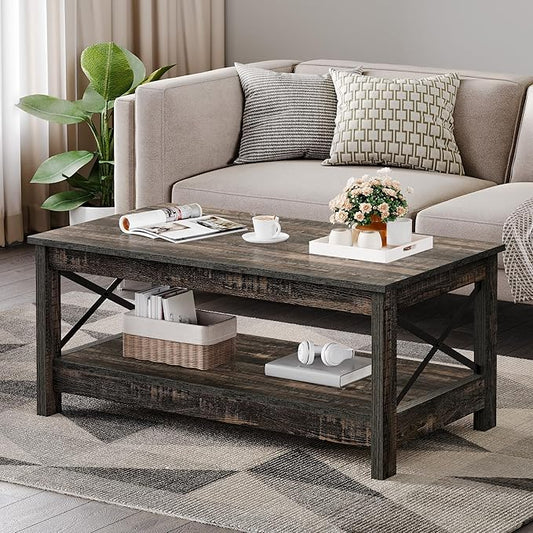 YITAHOME Coffee Tables for Living Room, Modern Farmhouse Coffee Table with Storage, 2-Tier Center Table for Living Room Wood Table Accent Cocktail with Sturdy Frame, Dark Rustic Oak
