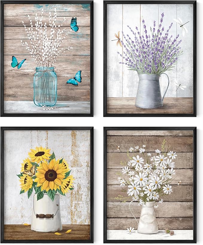 HAUS AND HUES Flower Wall Art - Set of 4, Wall Decor, Flower Painting, Floral Pictures (Black Aluminum Frame, 11x14)
