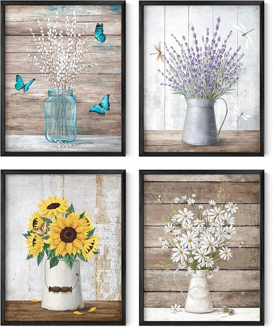 HAUS AND HUES Flower Wall Art - Set of 4, Wall Decor, Flower Painting, Floral Pictures (Black Aluminum Frame, 11x14)