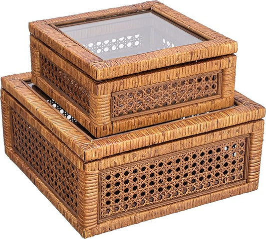 Creative Co-Op Modern Decorative Square Woven Rattan and Wood Display Boxes with Glass Top, Set of 2 Sizes, Dark Brown Finish