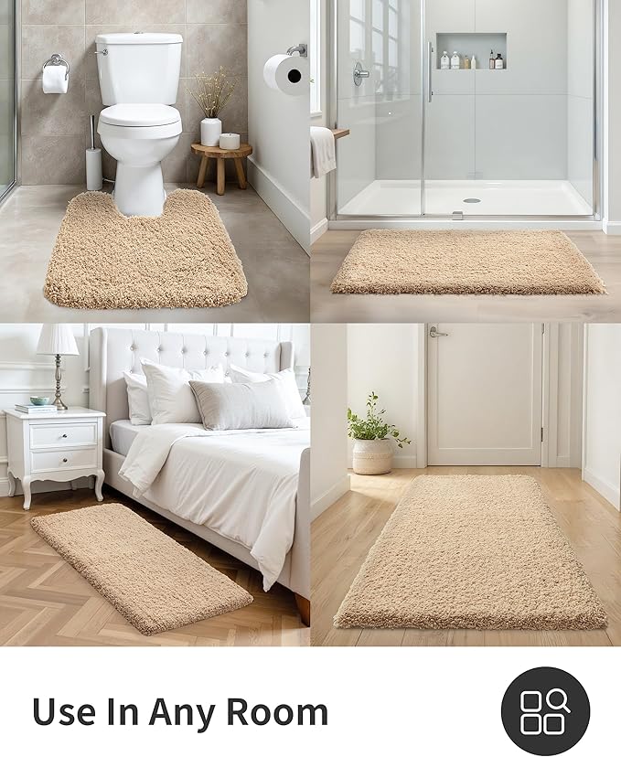 ILANGO Beige Bathroom Rugs 24" × 17" Small Non Slip & Super Absorbent Extra Thick Soft, Washable Bath Mat for Floor, Microfiber Plush Shaggy Bath Rug with Rubber for Bathtub Shower Room Sink